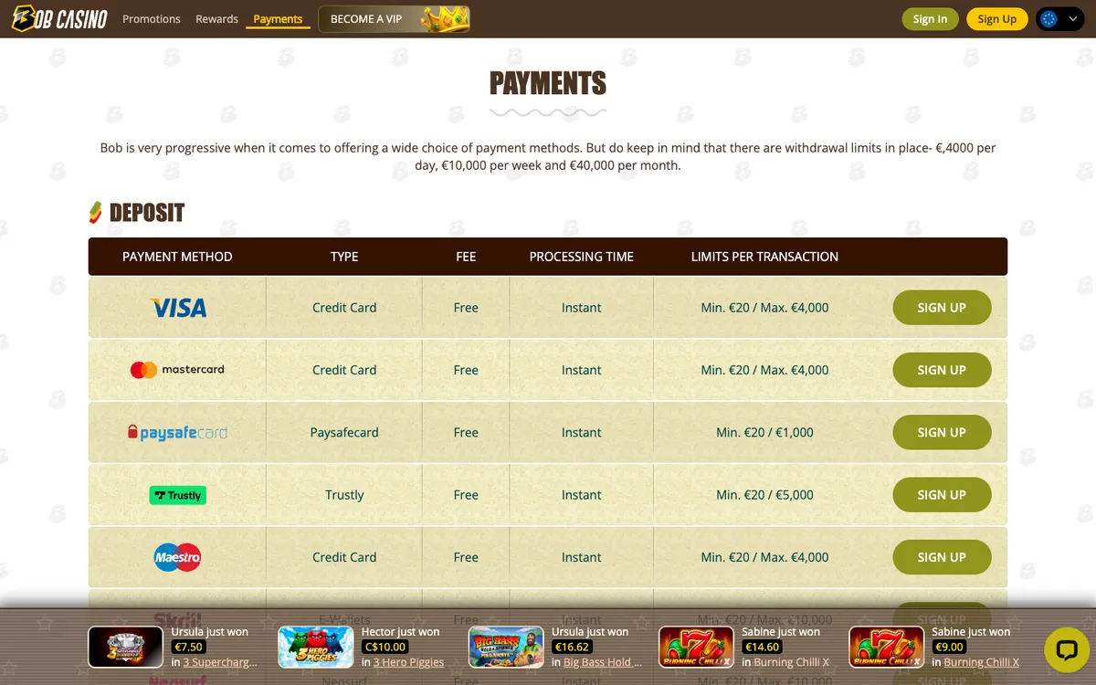 Bob Casino — Payments, captured from Norway