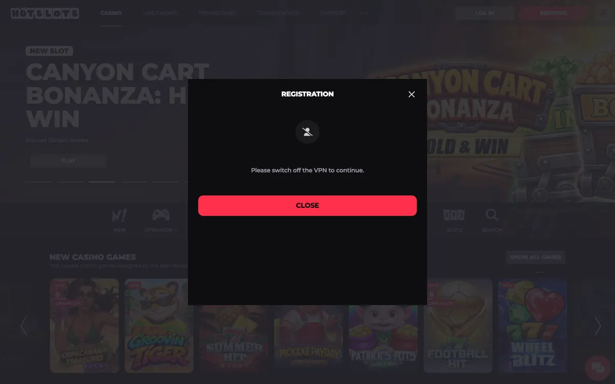 HotSlots Casino — «Регистрация», снято из страны Чехия