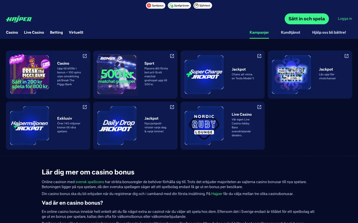 Hajper Casino — Promotions, captured from Sweden