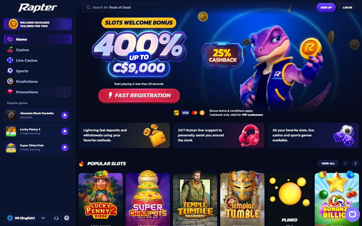 Rapter Casino — Home page, captured from Canada