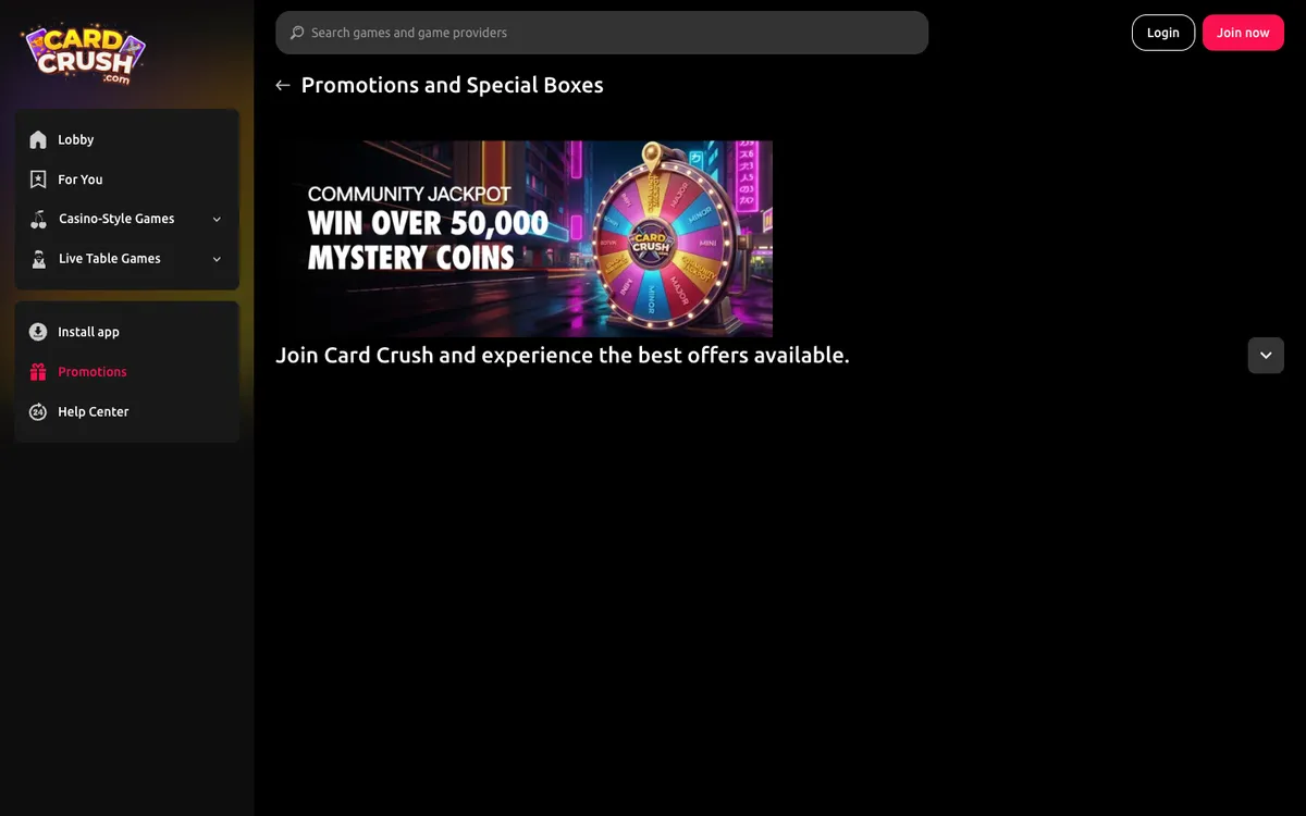 Card Crush Casino — Promotions, captured from United States