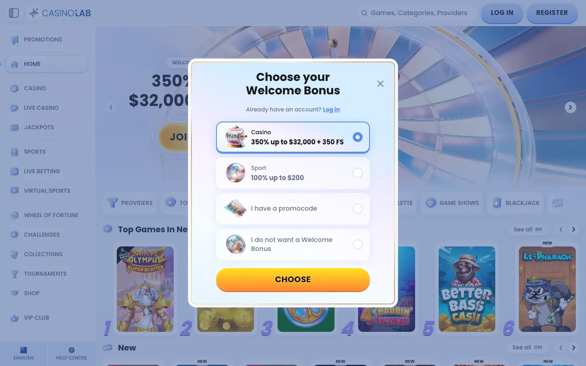 CasinoLab — «Регистрация», снято из страны Новая Зеландия