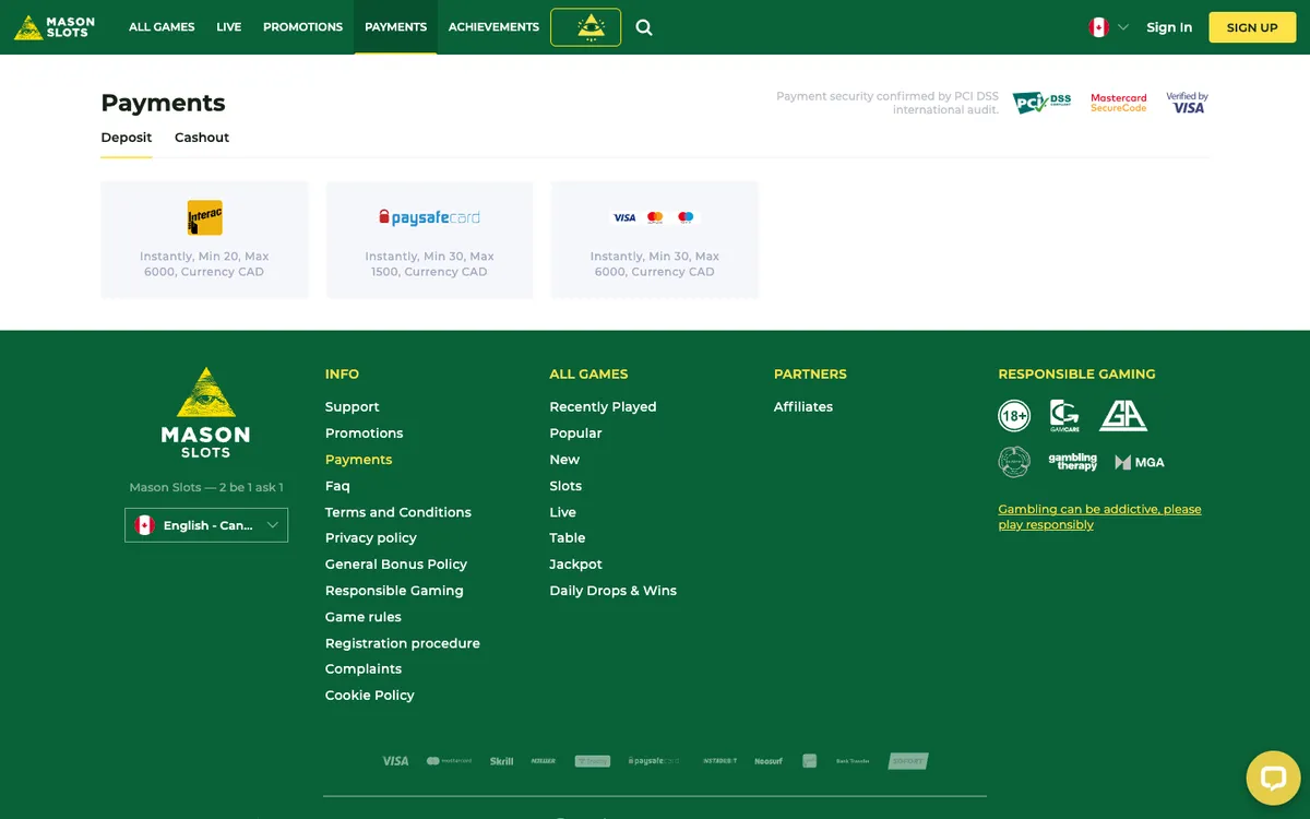 Mason Slots Casino — Payments, captured from Canada