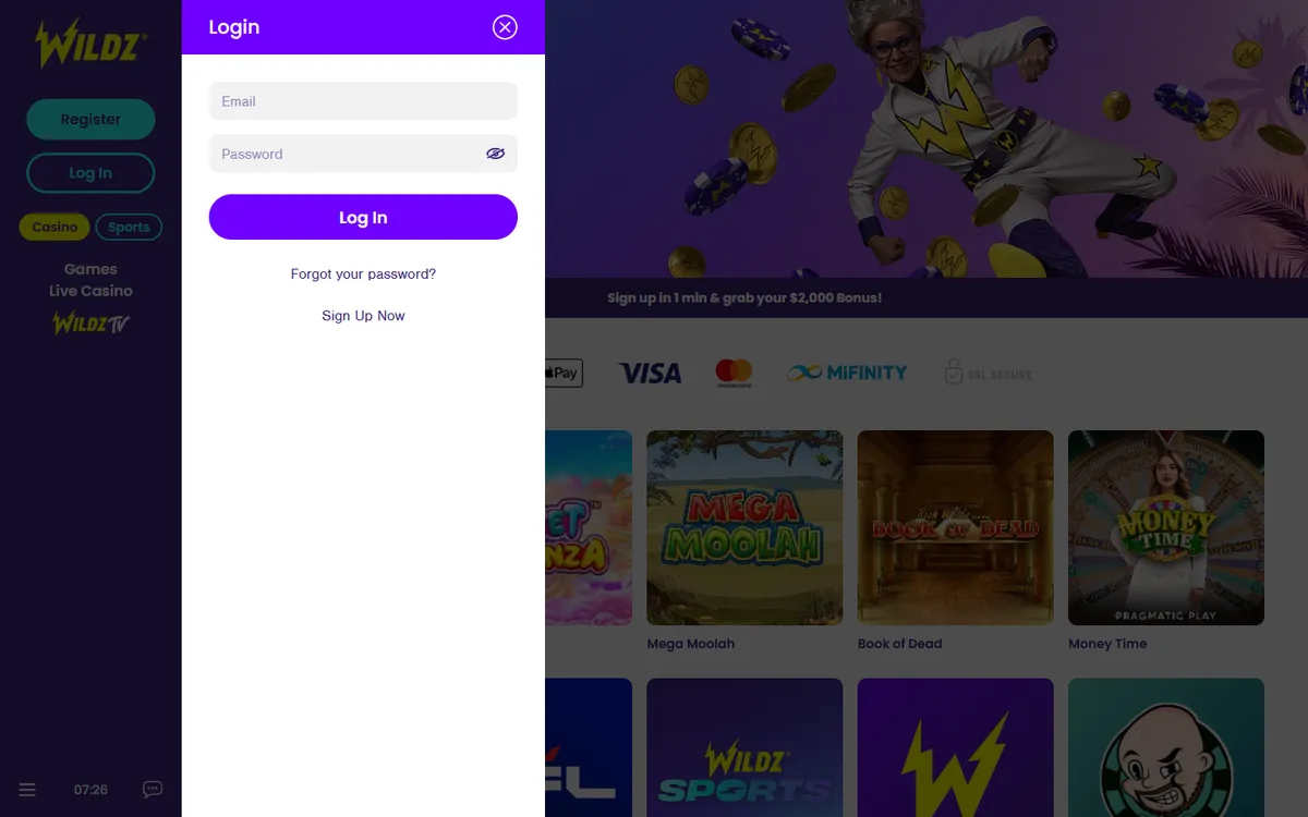 Wildz Casino — Sign-up, captured from Canada