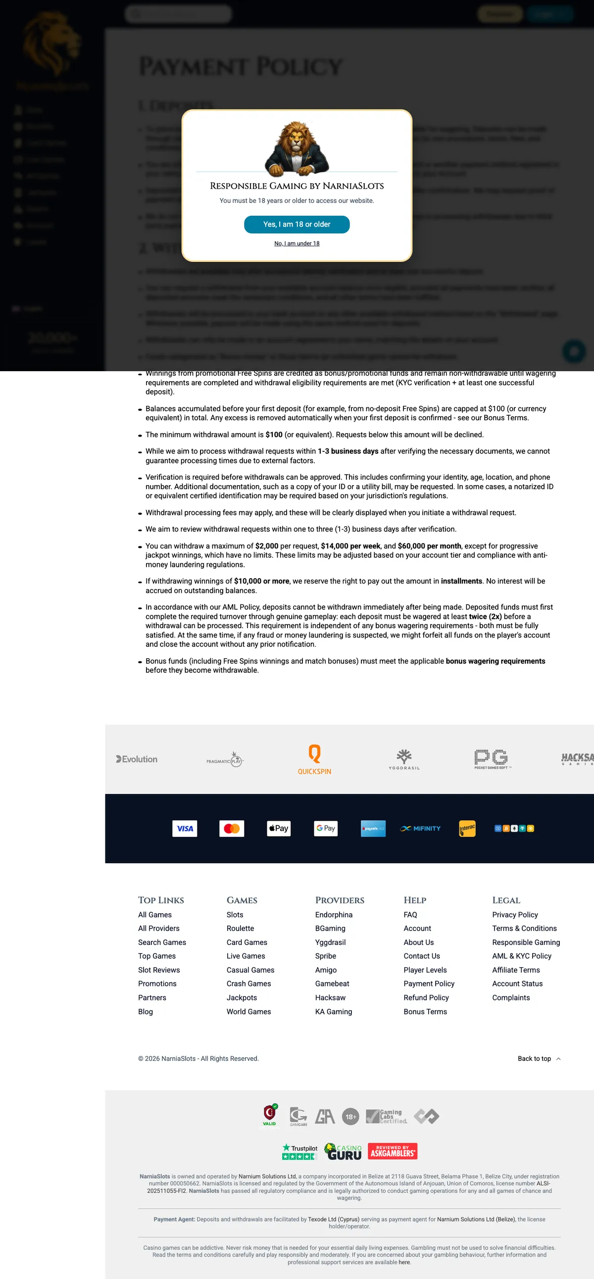 NarniaSlots Casino — Payments, captured from Indonesia