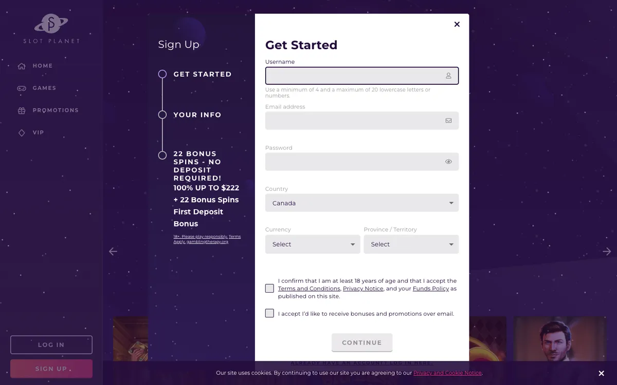 Slot Planet Casino — Sign-up, captured from Canada