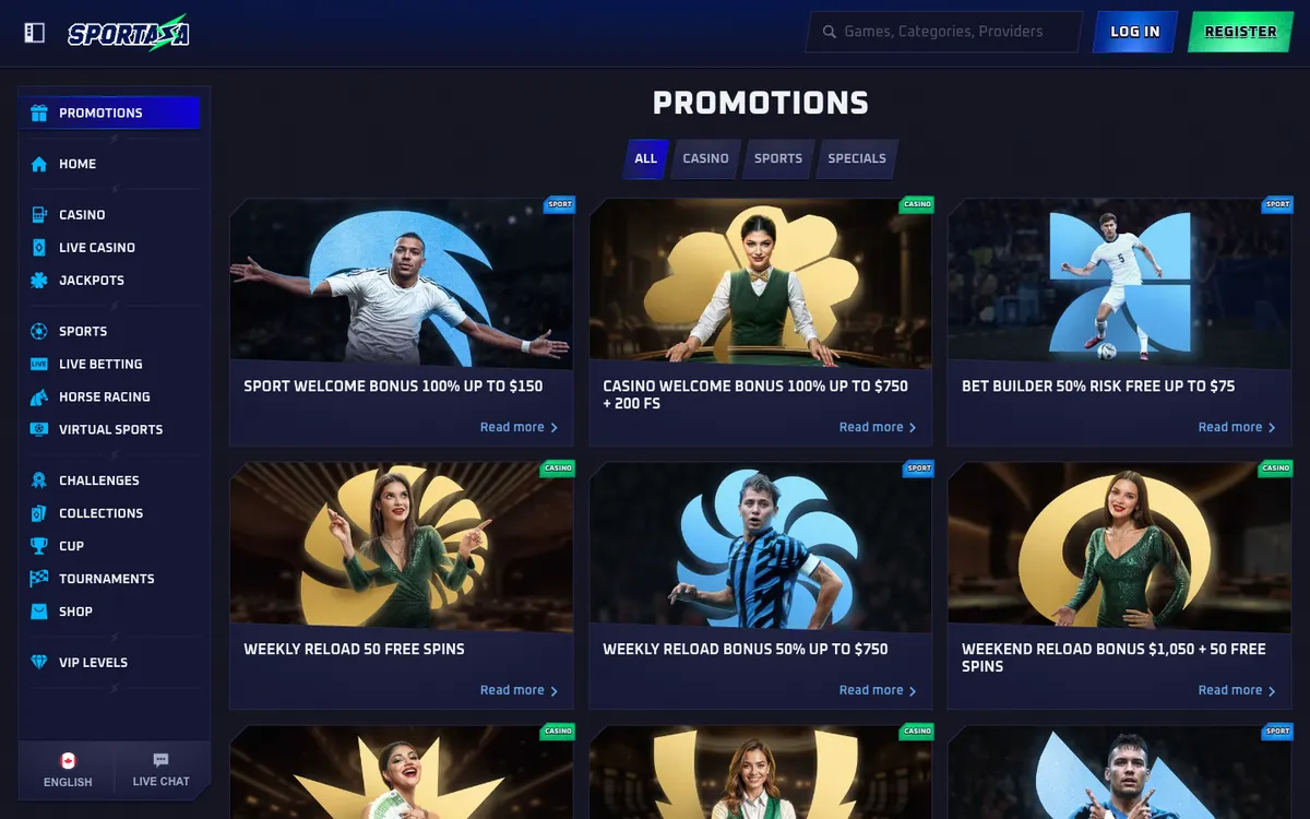 Sportaza Casino — Promotions, captured from Canada
