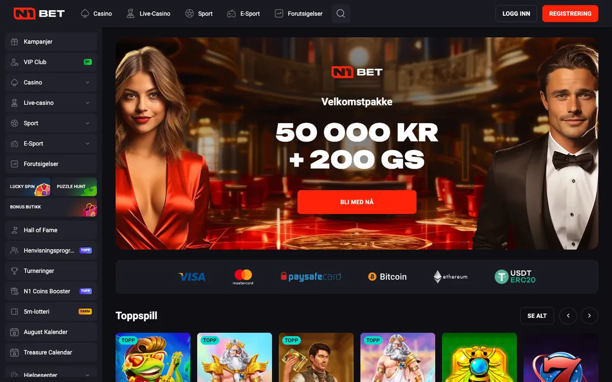 N1Bet Casino — Home page, captured from Norway