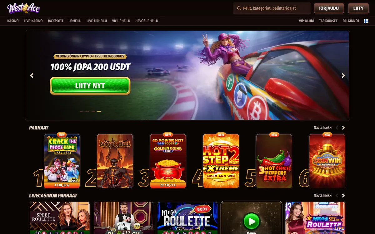 Westace Casino — Home page, captured from Finland