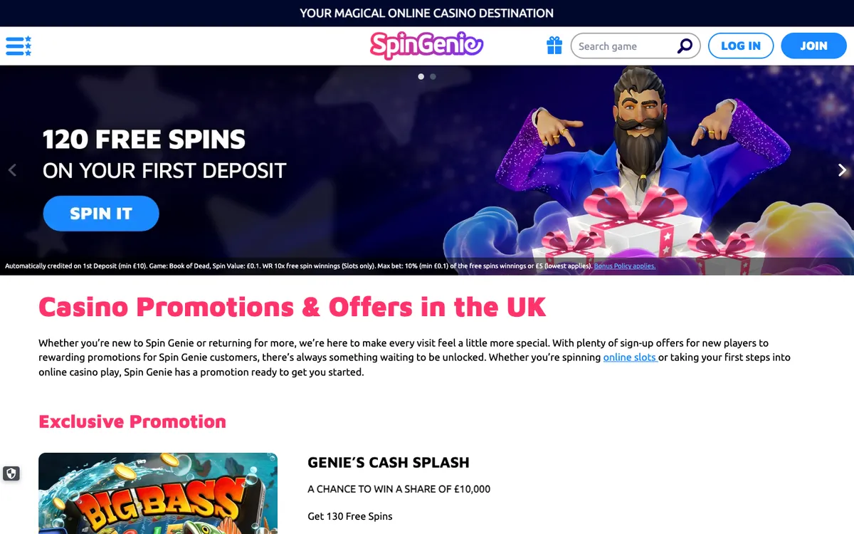 Spin Genie Casino — Promotions, captured from Switzerland