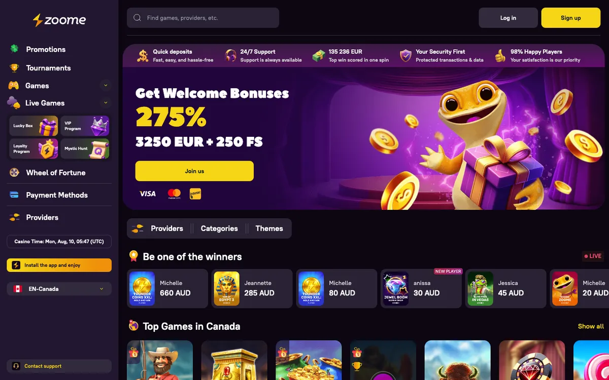 Zoome Casino — Home page, captured from Austria