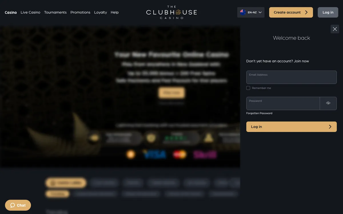 The ClubHouse Casino — Sign-up, captured from New Zealand