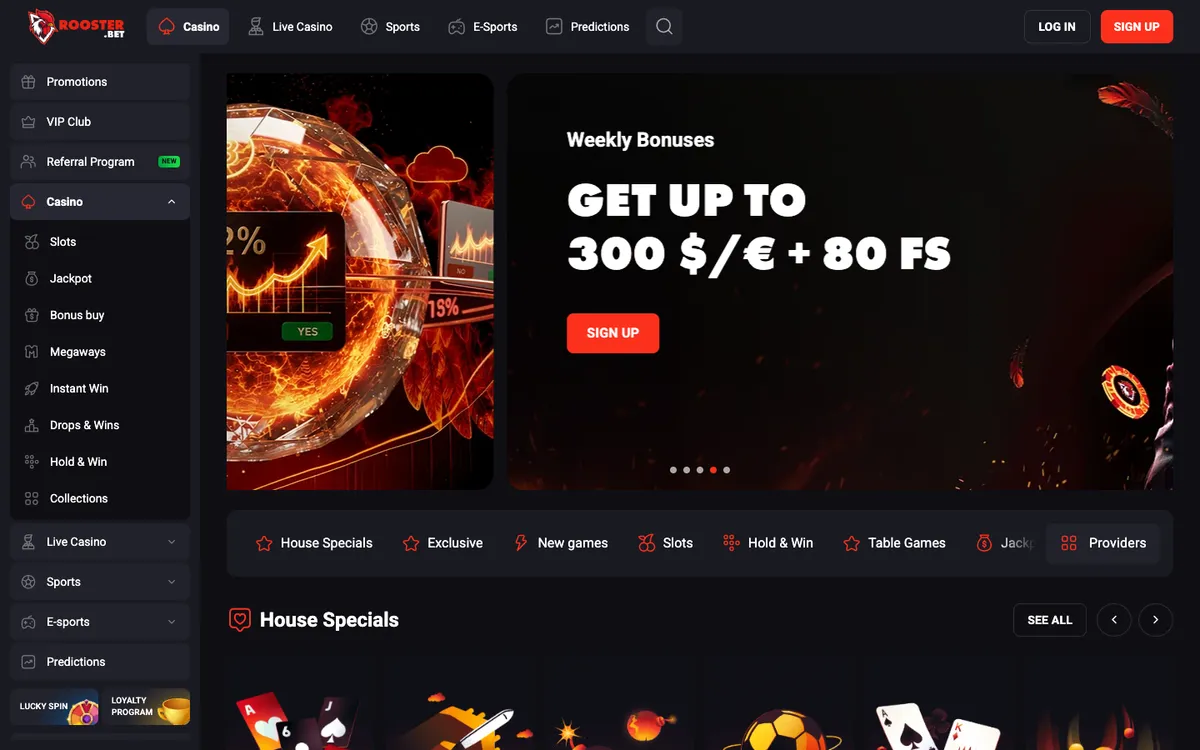 Rooster Bet Casino — Home page, captured from South Africa