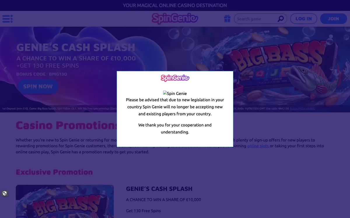 Spin Genie Casino — Promotions, captured from Australia
