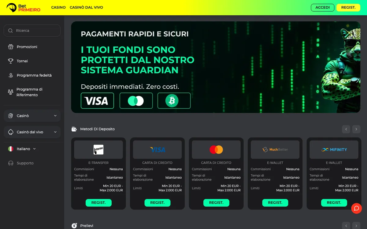 BetPRIMEIRO Casino — Payments, captured from Italy