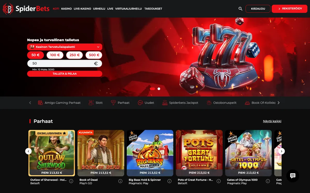 SpiderBets Casino — «Главная», снято из страны Финляндия