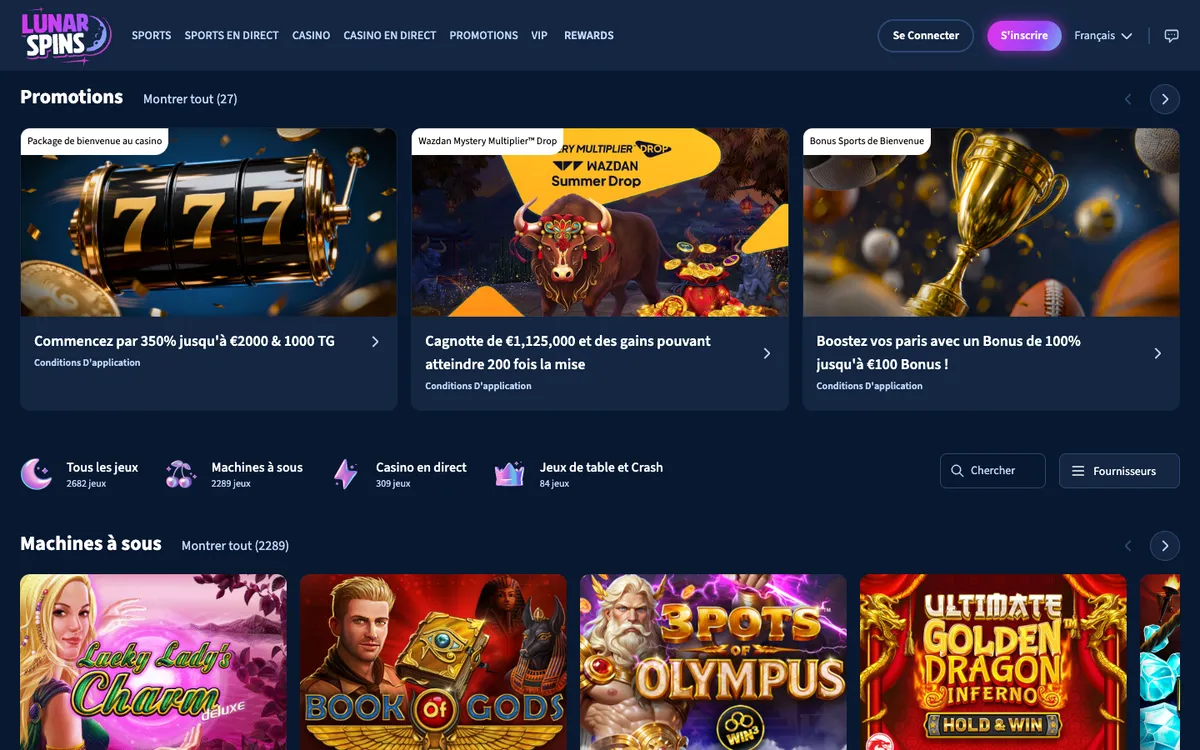 Lunarspins Casino — Home page, captured from France