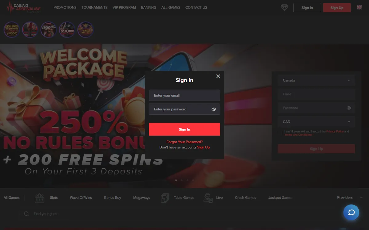 Casino Adrenaline — Sign-up, captured from Canada