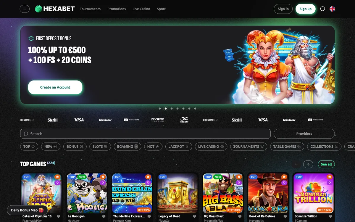 Hexabet Casino — Home page, captured from Belgium