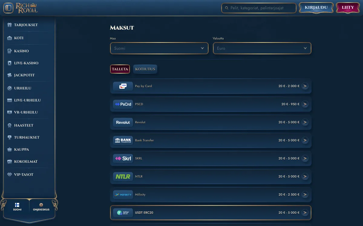 Rich Royal Casino — Payments, captured from Finland