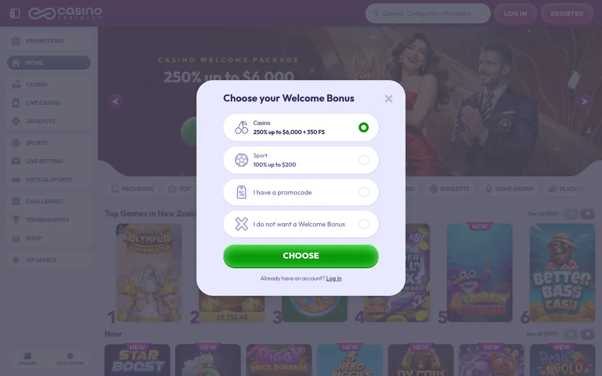 Casino Infinity — Sign-up, captured from New Zealand