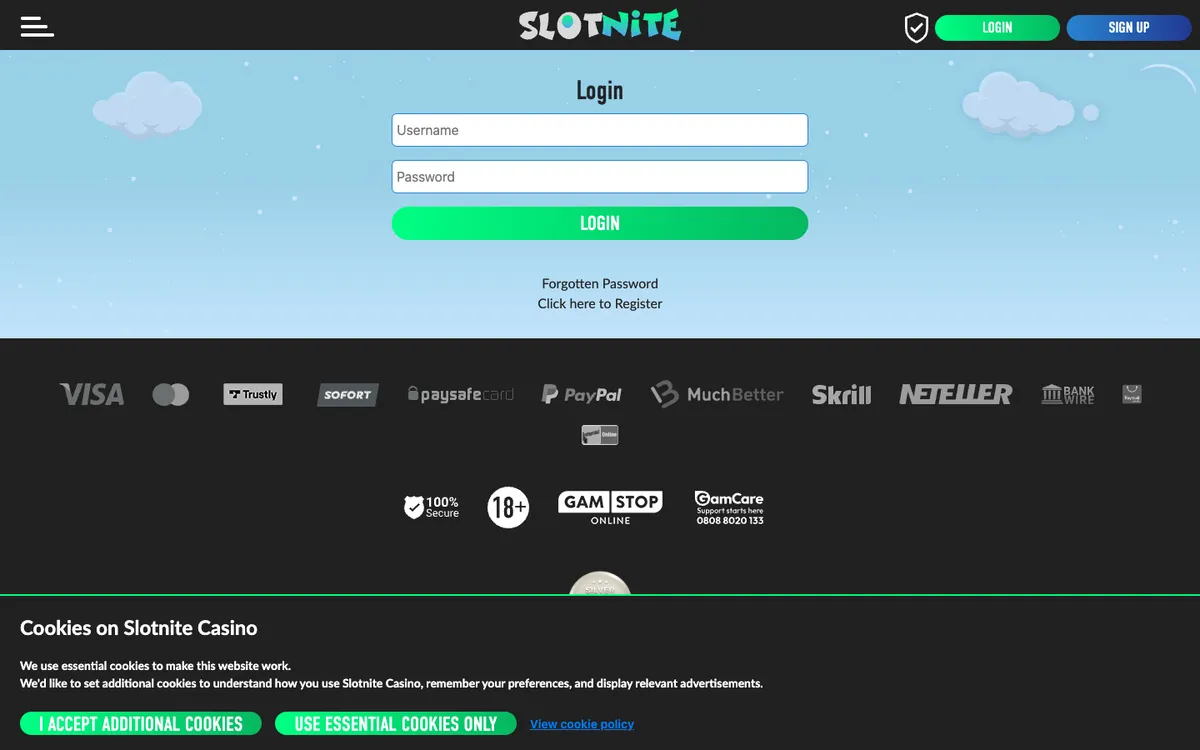 Slotnite Casino — «Регистрация», снято из страны Великобритания