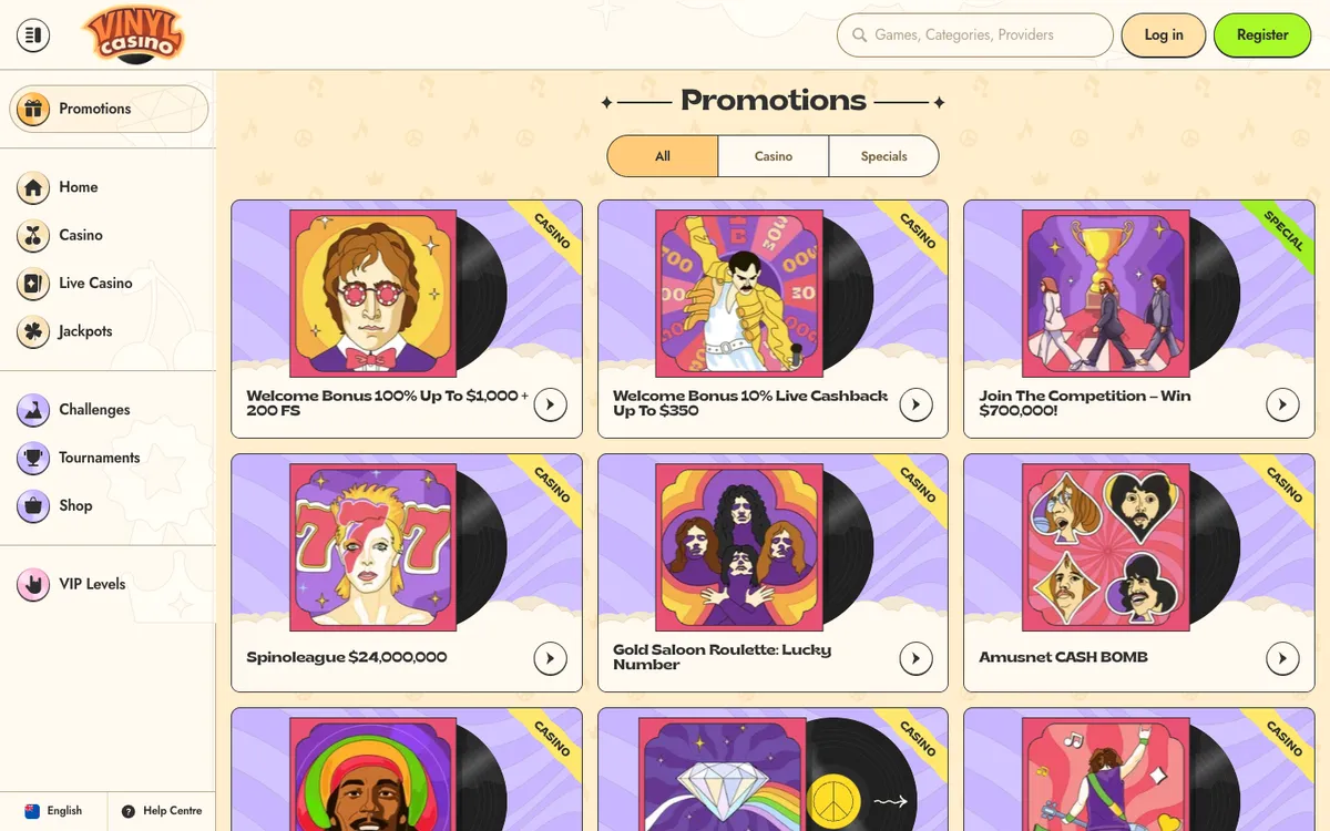 Vinyl Casino — Promotions, captured from New Zealand