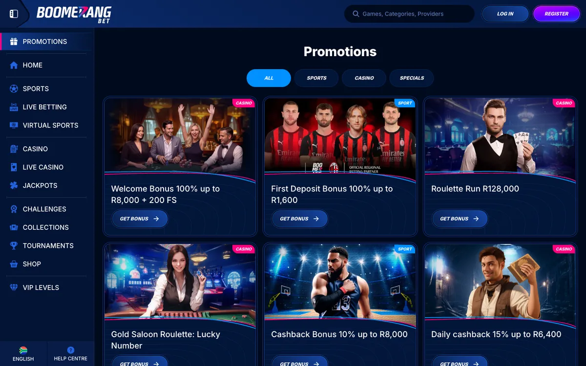 Boomerang-bet Casino — Promotions, captured from South Africa