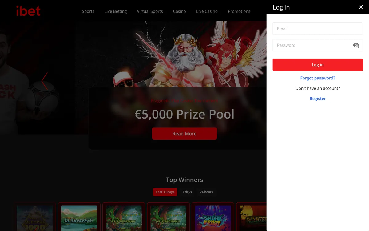 iBet Casino — «Регистрация», снято из страны Испания