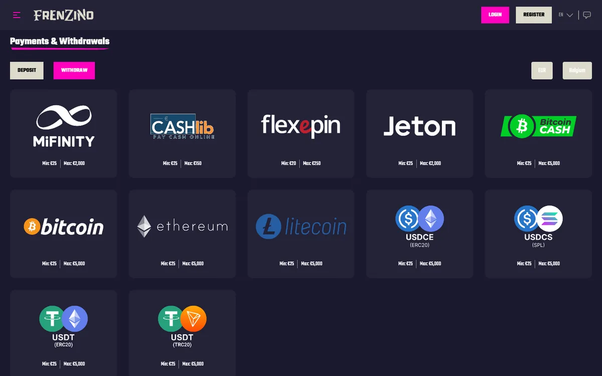 Frenzino Casino — «Платежи», снято из страны Бельгия