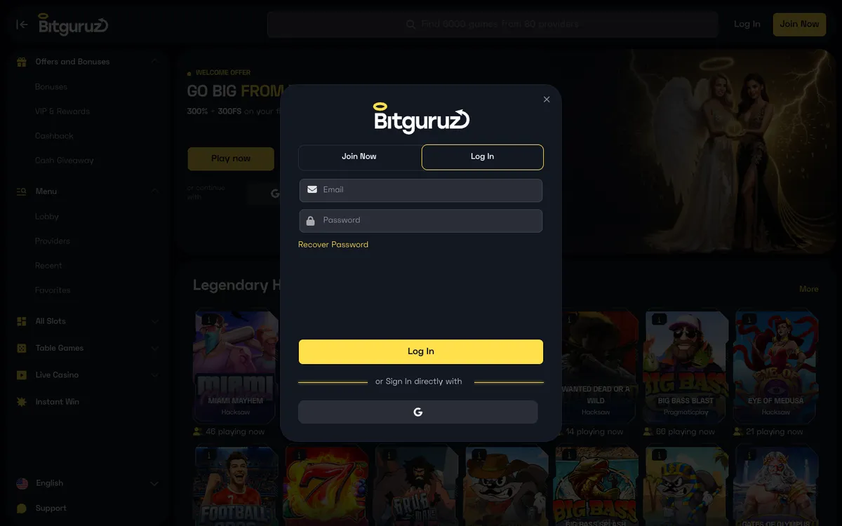 Bitguruz Casino — Sign-up, captured from France