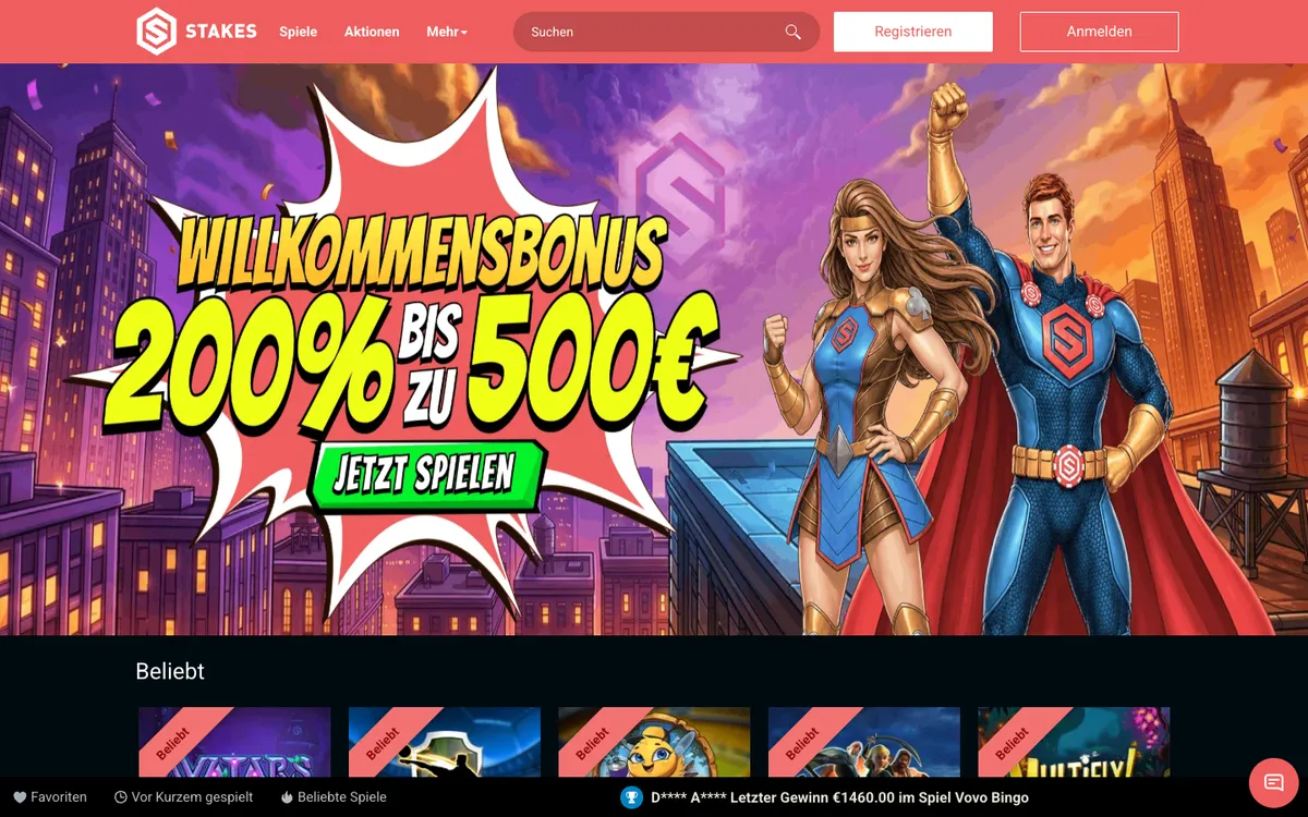 Stakes Casino — Home page, captured from Germany
