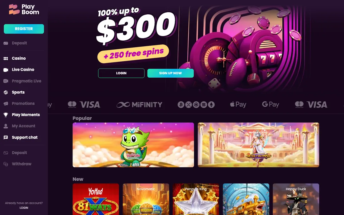 Play Boom Casino — Home page, captured from Canada