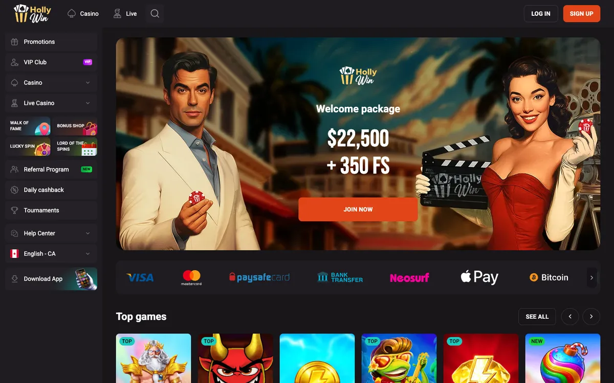 HollyWin Casino — Home page, captured from Canada