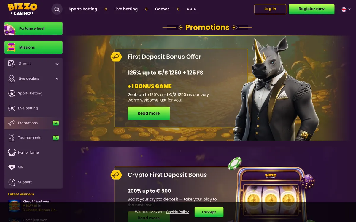 Bizzo Casino — Promotions, captured from Singapore