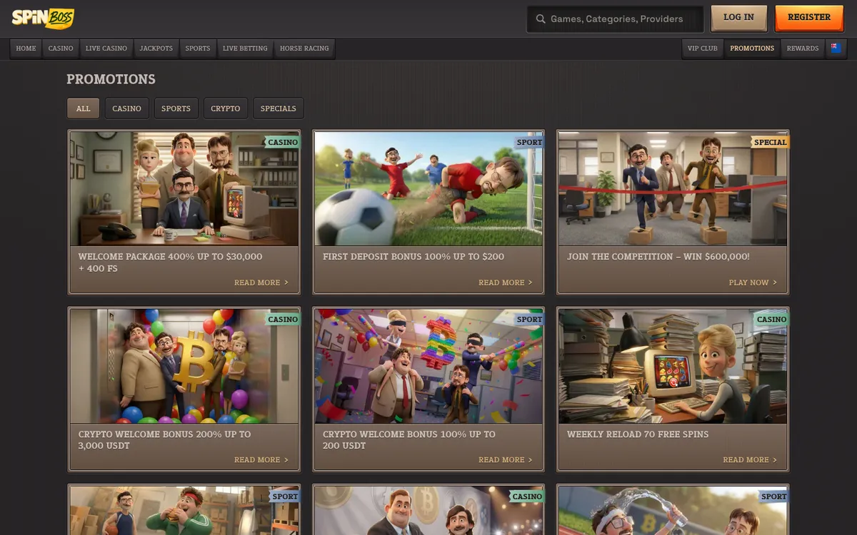 SpinBoss Casino — Promotions, captured from New Zealand