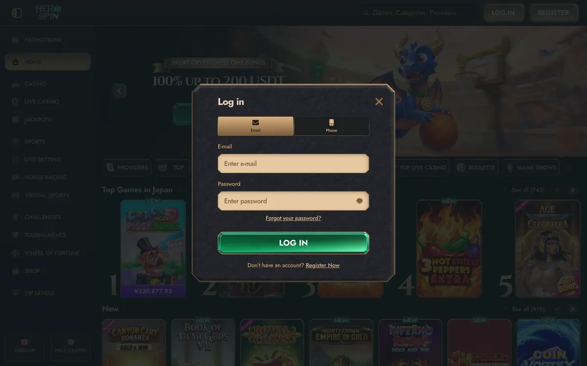 HeroSpin Casino — Sign-up, captured from Japan