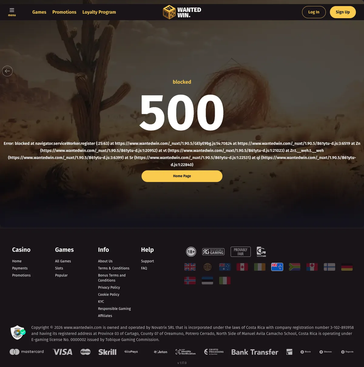 Wanted Win Casino — «Платежи», снято из страны Новая Зеландия