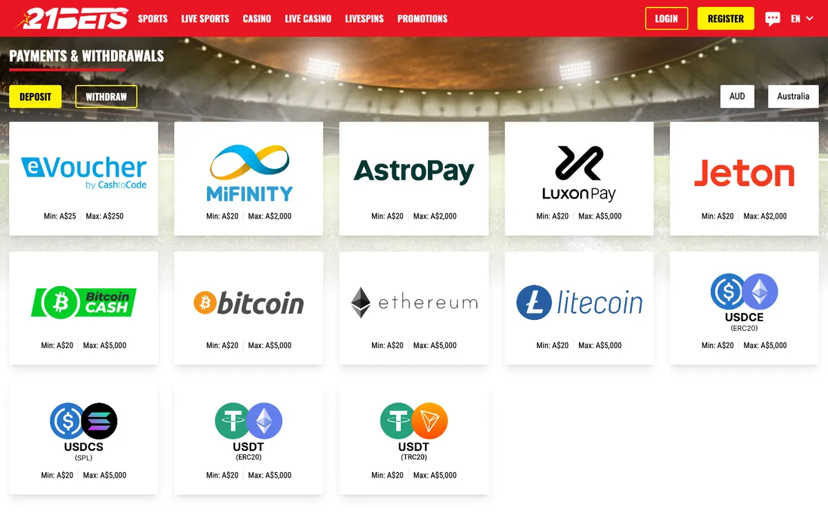 21bets.io Casino — Payments, captured from Australia