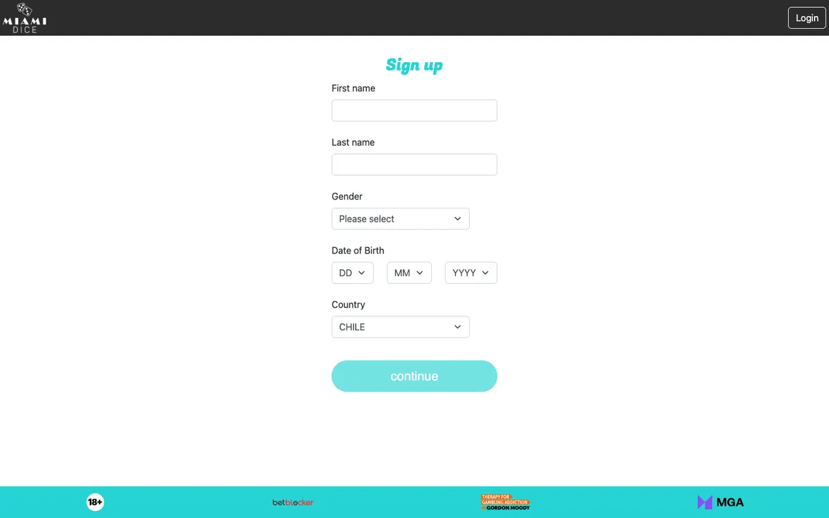 Miami Dice Casino — Sign-up, captured from Chile