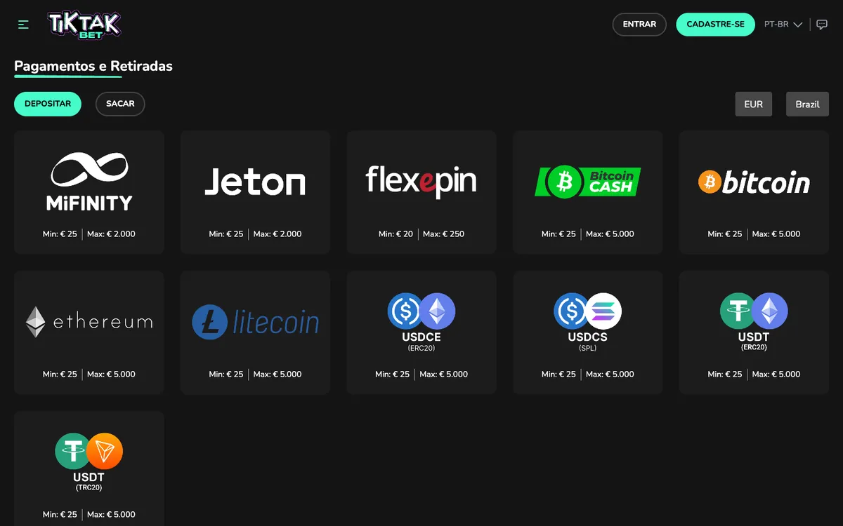 TikTak Bet Casino — Payments, captured from Brazil