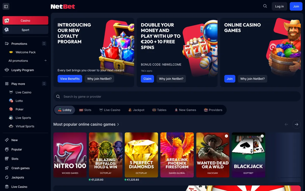NetBet Casino — Home page, captured from Belgium