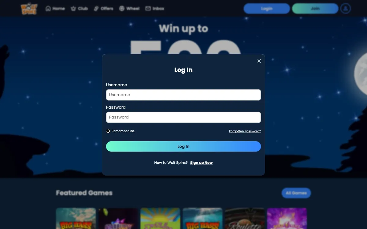 Wolf Spins Casino — Sign-up, captured from United Kingdom