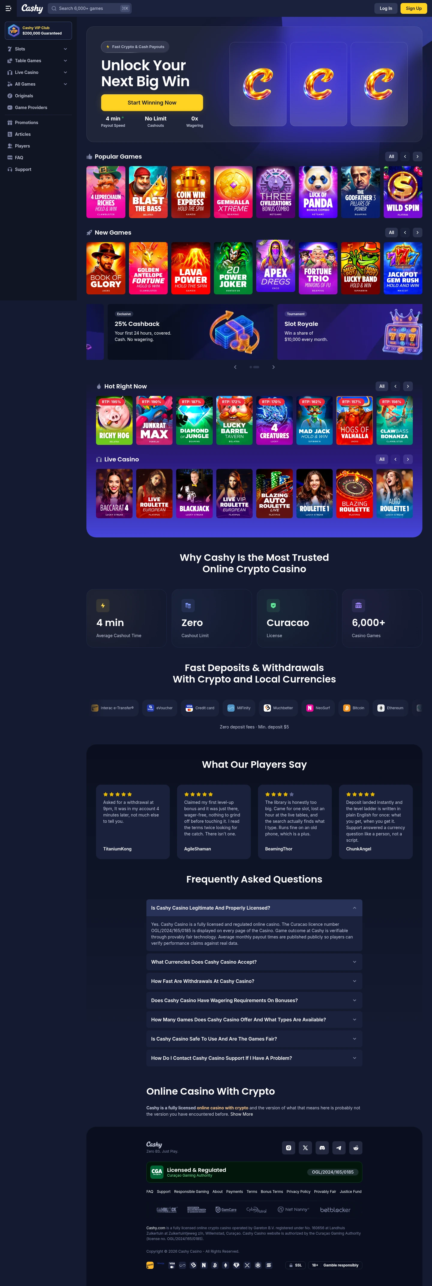 Cashy Casino — Home page, captured from Canada
