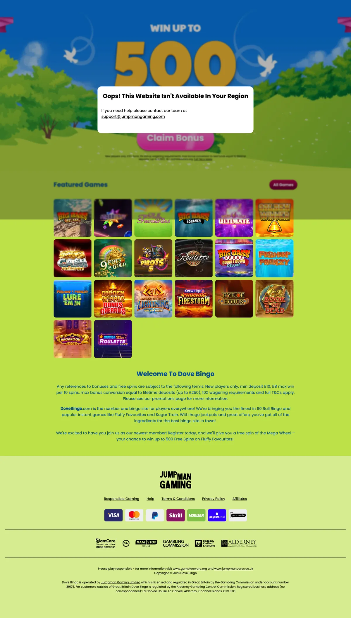 Dove Bingo Casino — Home page, captured from Austria