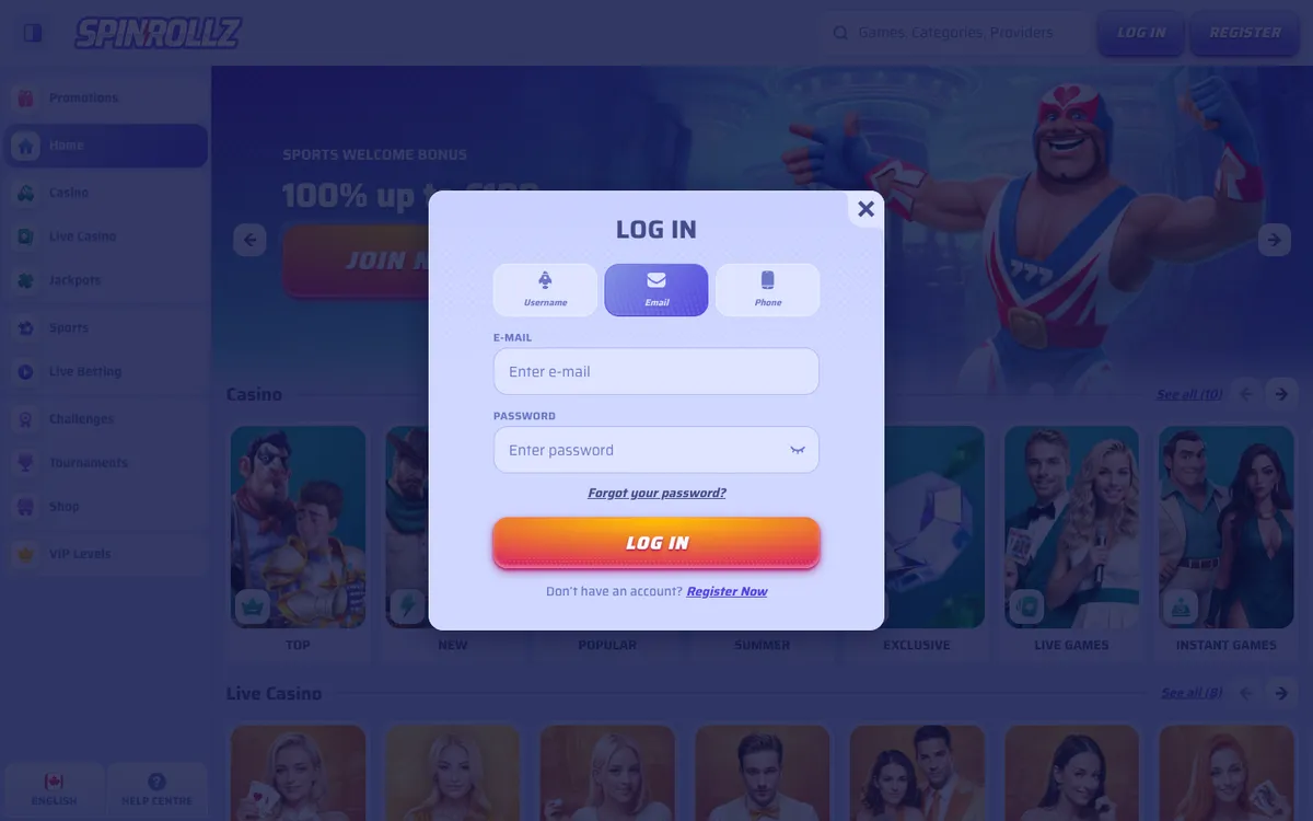 Spinrollz Casino — «Регистрация», снято из страны Канада
