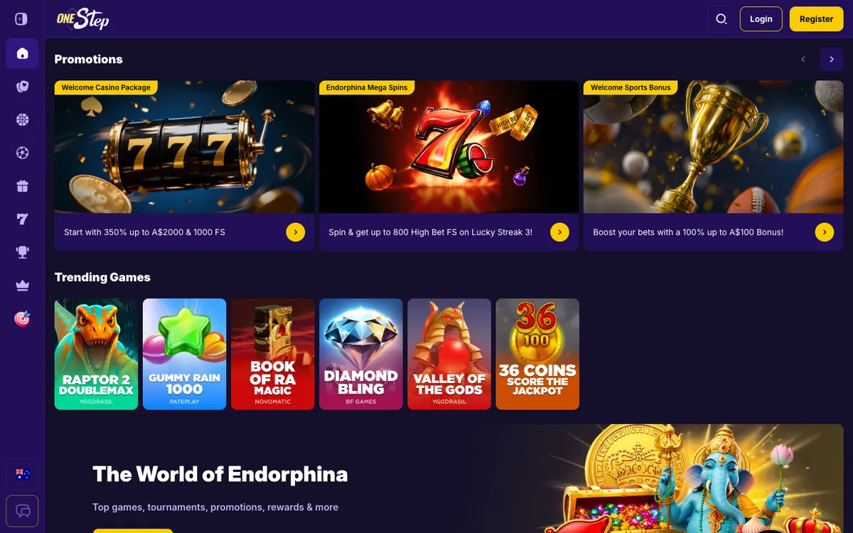 Onestep Casino — Home page, captured from Australia