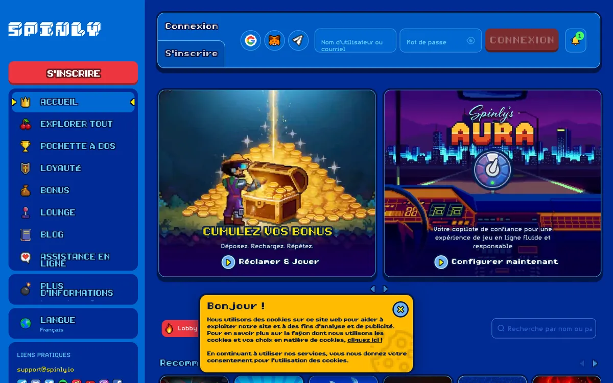Spinly Casino — Home page, captured from France