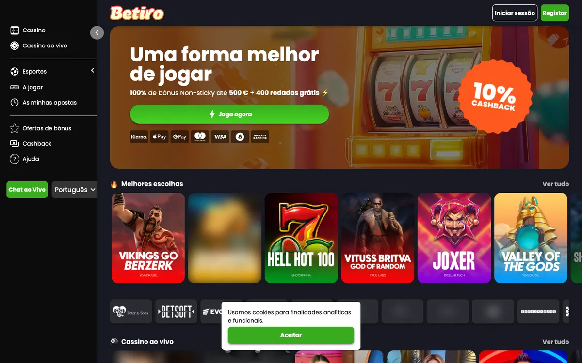 Betiro Casino — Home page, captured from Brazil