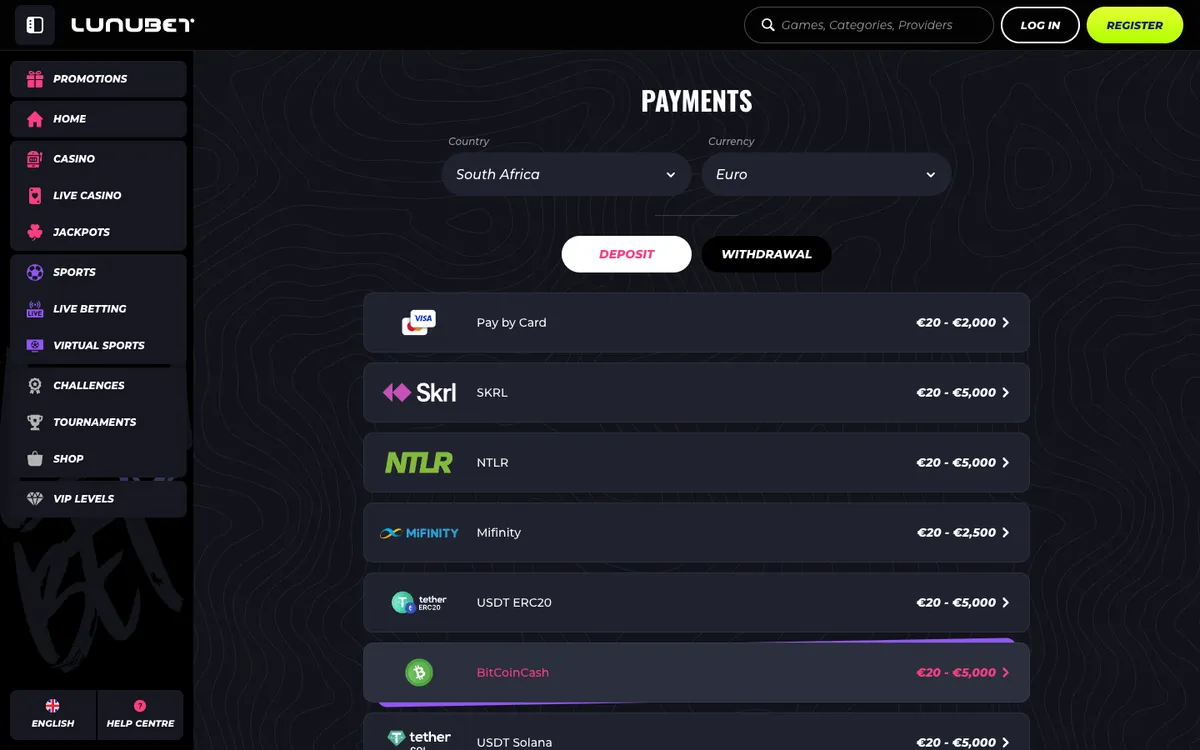 LunuBet Casino — «Платежи», снято из страны Южно-Африканская Республика